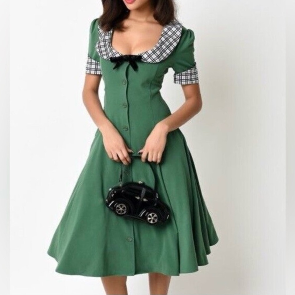Tatyana Claire Green Plaid Lined Pin Up Dress Size Medium